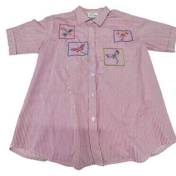 Vintage The Quacker Factory M Red White Stripe Dragonflies Short Sleeve Shirt - Picture 1 of 11